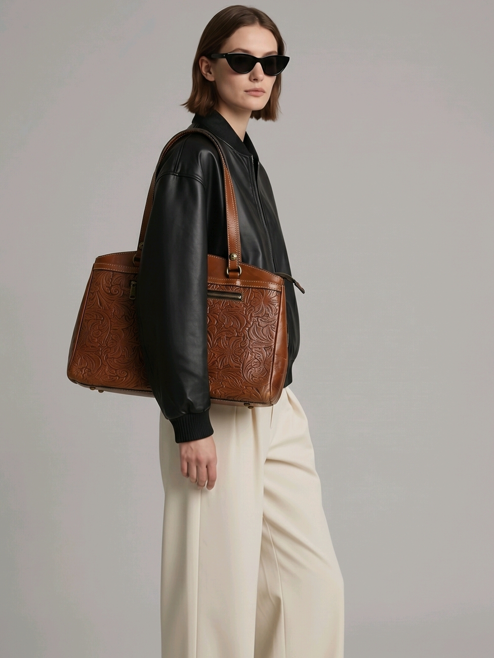 Patricia Nash Tooled Leather Shoulder Bag in Cognac